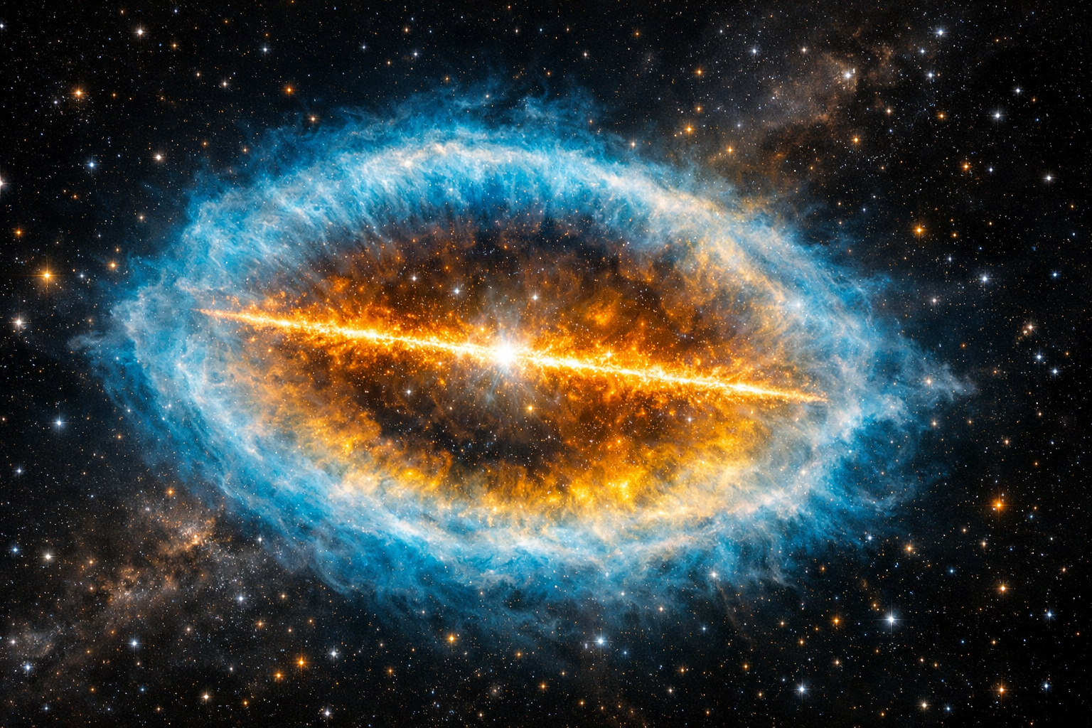 Barra brilhante de ferro ionizado atravessando o centro da Nebulosa do Anel no espaço profundo.