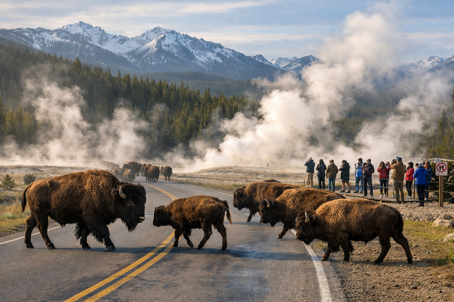 Bisões cruzando estrada no Parque Yellowstone