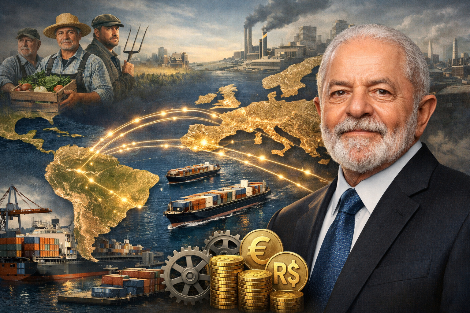 Presidente do Brasil em destaque ao lado dos mapas do Mercosul e da União Europeia simbolizando o papel central do país no acordo de livre comércio