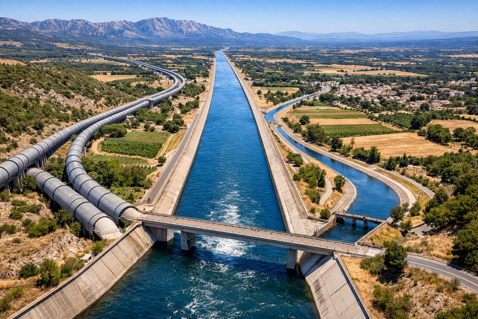 Para abastecer mais de 3 milhões de pessoas no sul da França, engenheiros construíram uma rede hídrica com mais de 500 km de canais, túneis e adutoras automatizadas, transformando o Canal da Provença em um sistema de água controlado por sensores e operação remota contínua