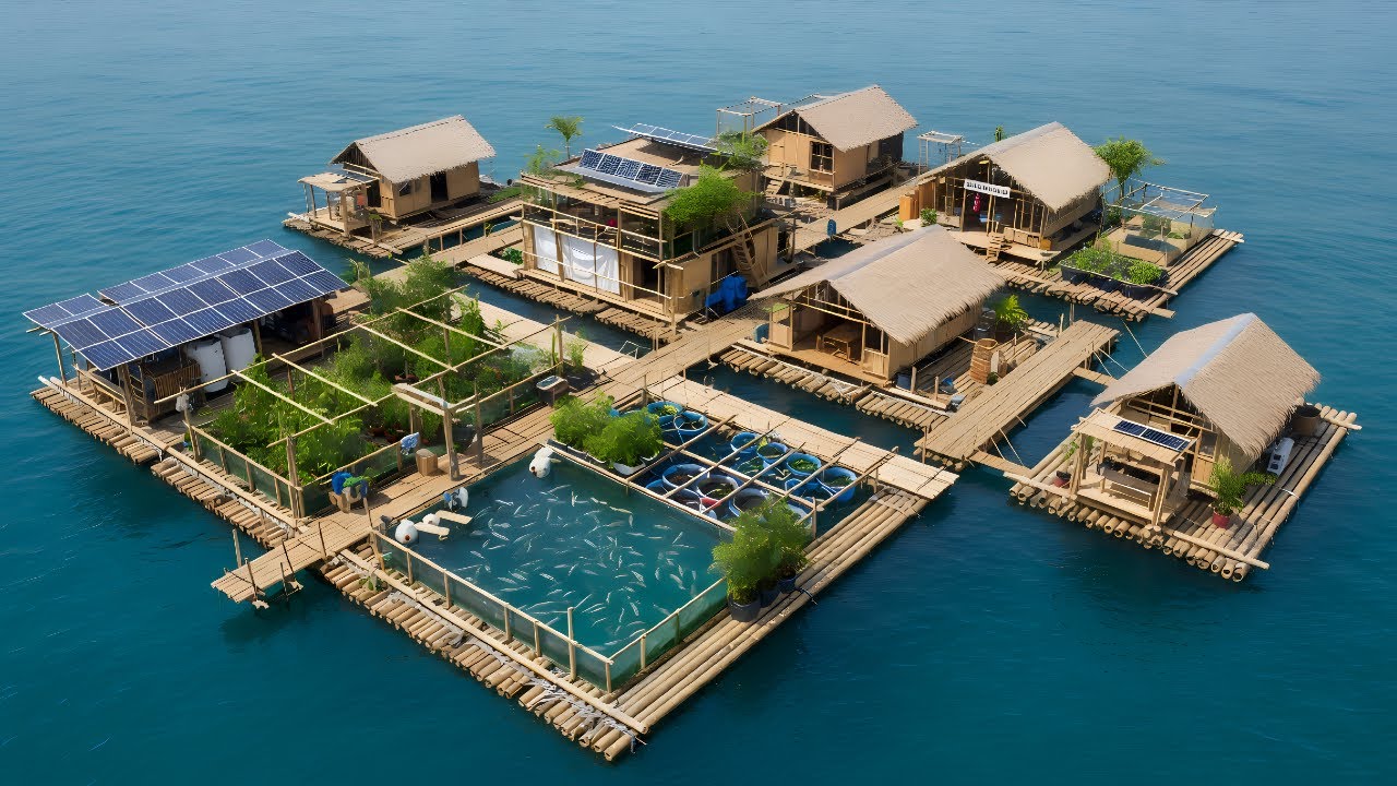 Ao longo de 365 dias, grupo construiu sozinho uma enorme casa flutuante de bambu com piscina no rio, usando apenas ferramentas primitivas e técnicas tradicionais