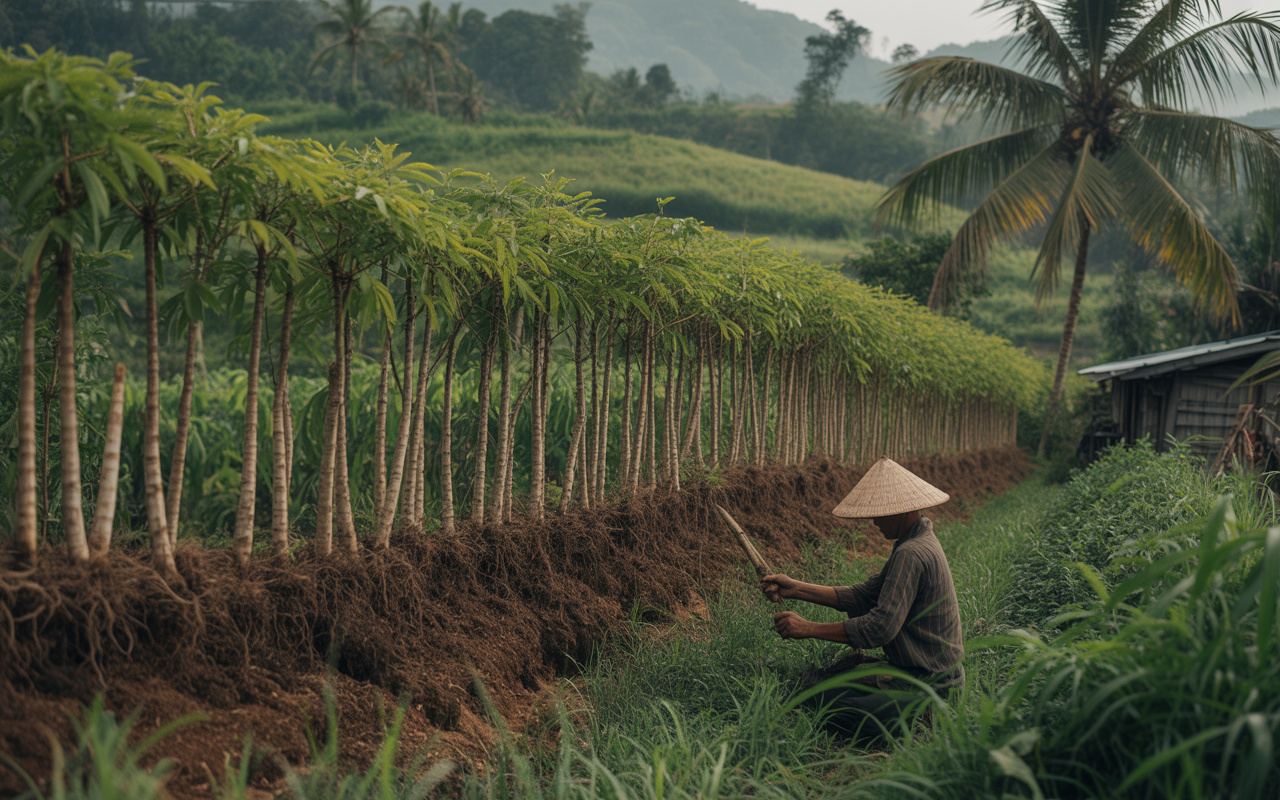 Na Indonésia, agricultores transformam mandioca em “cerca viva” que protege lavouras, evita erosão e ainda produz alimento