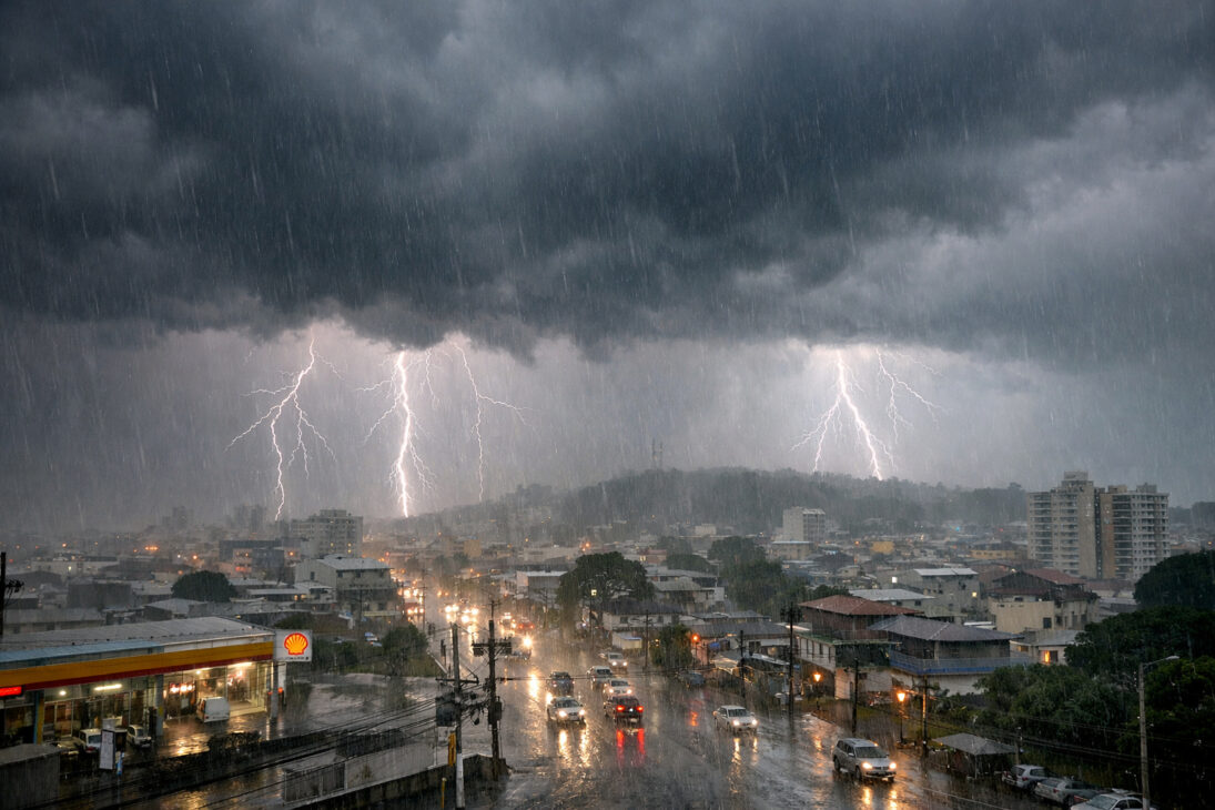 Lluvia intensa y cielo nublado en Santa Catarina durante alerta de la Defensa Civil