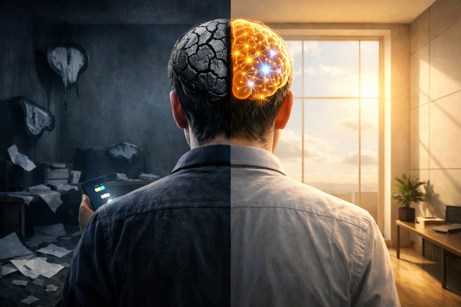 Pessoa refletindo sozinha simbolizando clareza mental e decisão para mudar de vida em um único dia