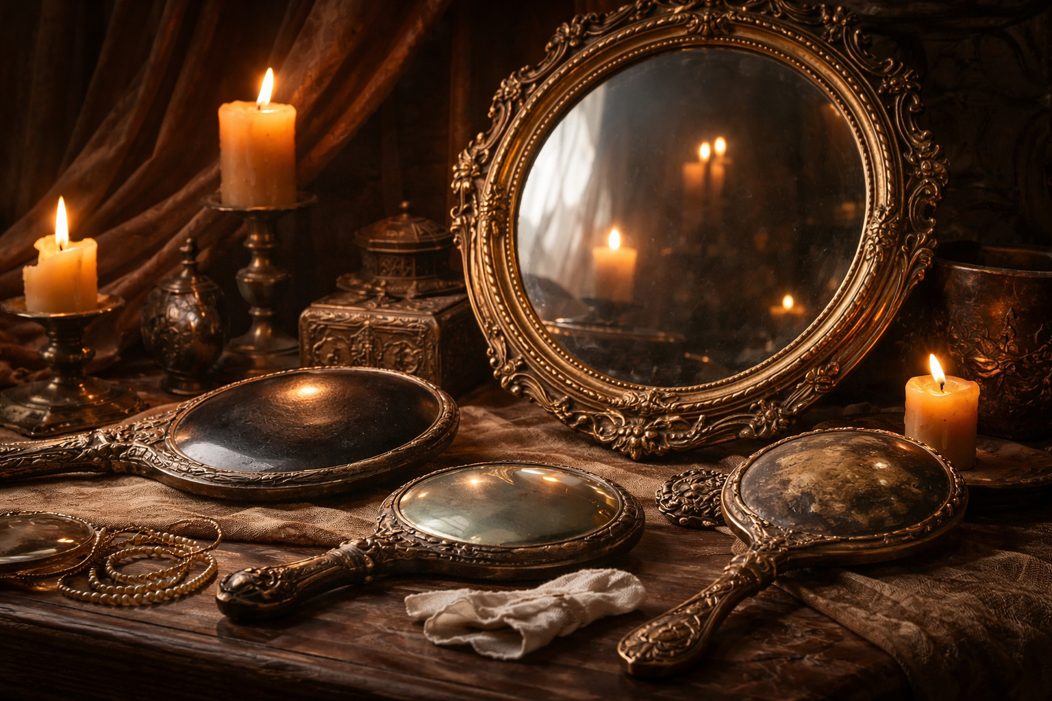 Espelhos antigos de metal polido e vidro primitivo dispostos sobre mesa histórica, iluminados por velas, representando a evolução dos espelhos desde a Antiguidade até o período pré-industrial.