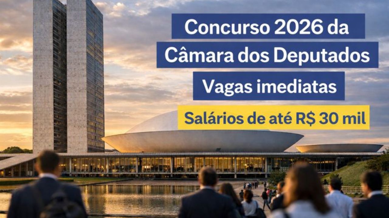 Concurso da Câmara dos Deputados 2026 abre vagas imediatas, salários de até R$ 30 mil e inscrições até janeiro.