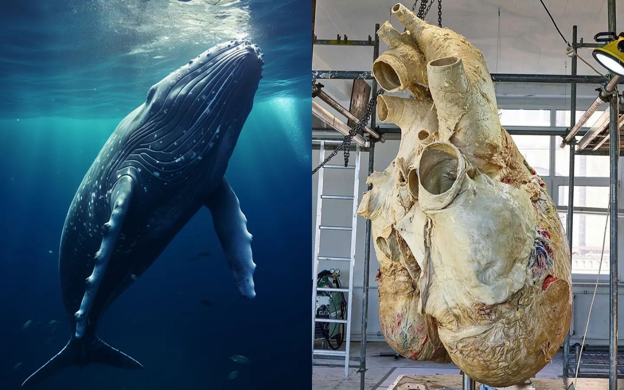 O coração da baleia-azul pode pesar mais que um carro e bombear mais de 220 litros de sangue por batida, adaptando-se a mergulhos profundos.