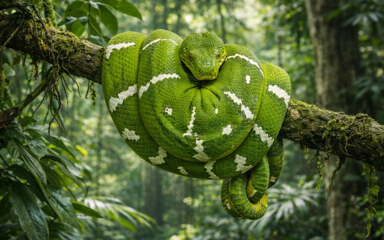 Descubra as curiosidades da cobra-papagaio (Corallus batesii)! Conheça o comportamento, as cores vibrantes e os hábitos noturnos desta serpente fascinante que vive no topo da Amazônia.