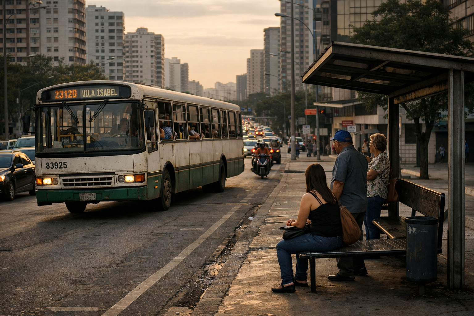 Ônibus urbano brasileiro com poucos passageiros em meio a congestionamento de carros e motos.