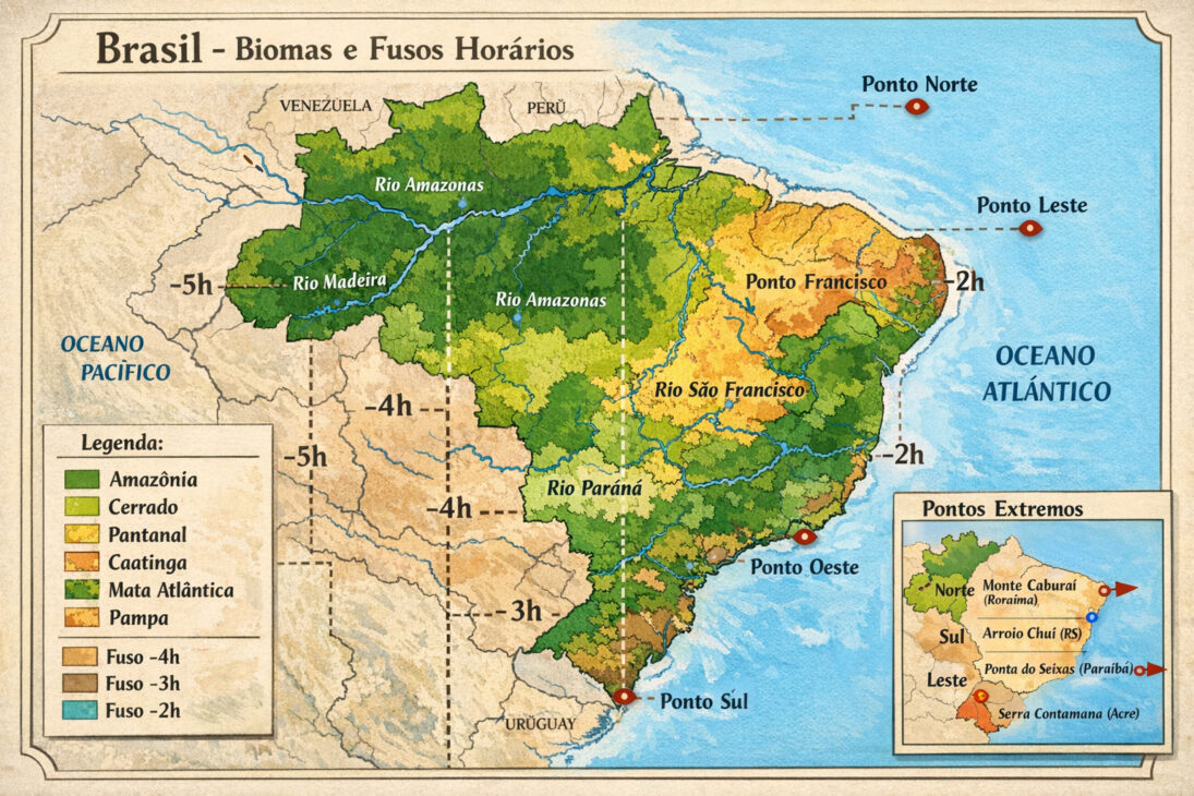 Mapa De Brasil Mostrando Biomas, Ríos Y Husos Horarios