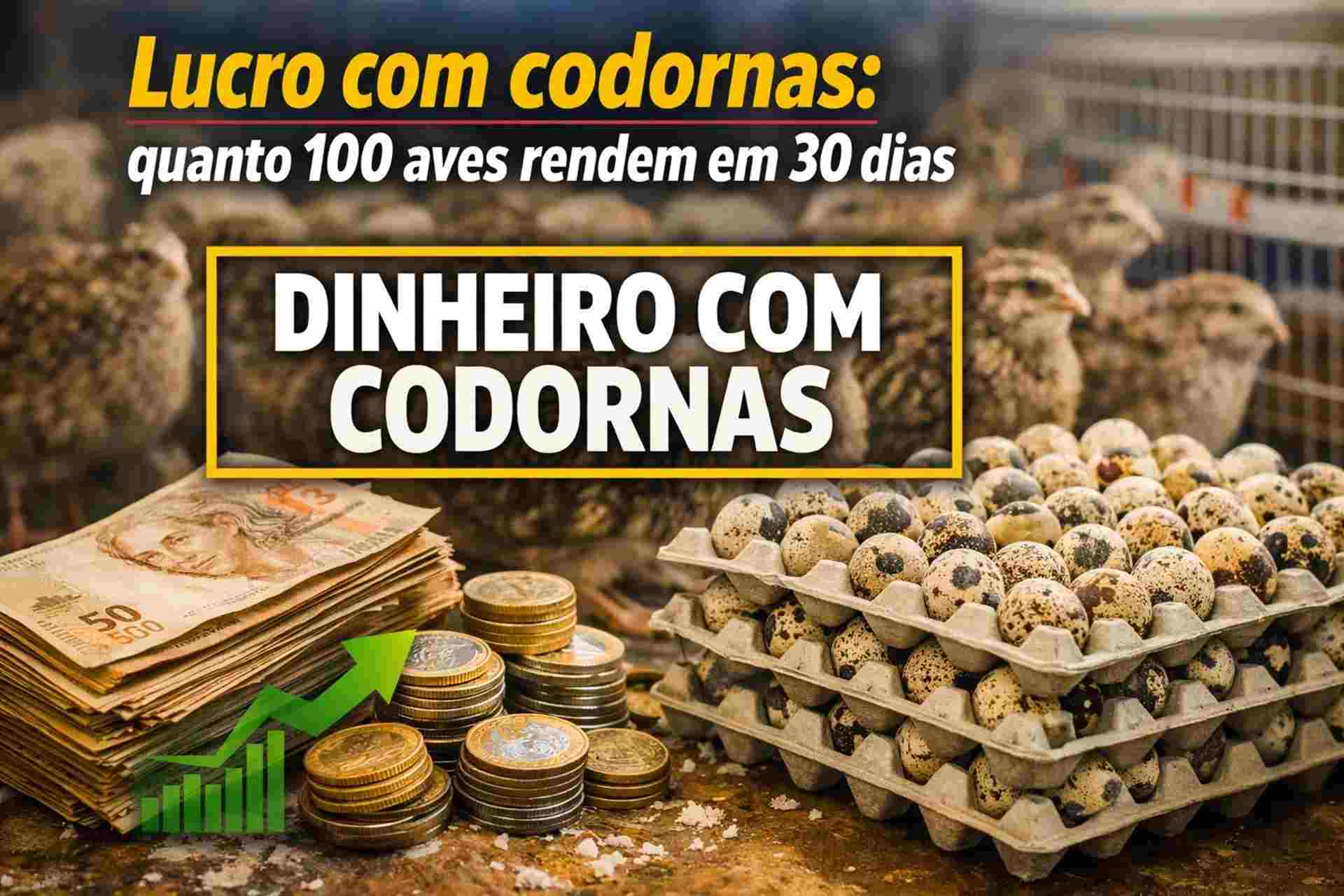 Relato mostra como obter lucro com codornas, detalhando custos, produção de ovos e retorno mensal com apenas 100 aves em 30 dias.