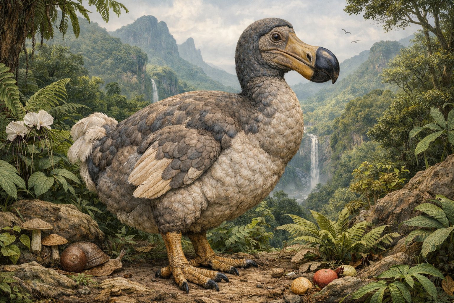 Ilustração do dodô em floresta tropical da ilha de Maurício antes da extinção