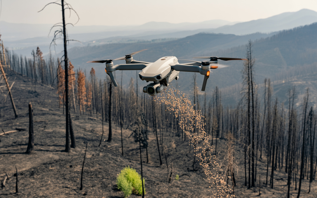 Sobrevoando troncos carbonizados, drones despejam até 400 mil sementes por dia em florestas queimadas nos EUA para tentar trazer de volta pinheiros, insetos e pássaros após uma era de megaincêndios