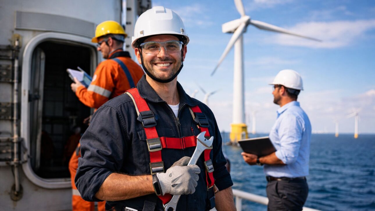 Técnico en energía eólica trabaja en parque eólico offshore, con equipos de seguridad, mientras ingenieros acompañan la operación de turbinas en el mar.