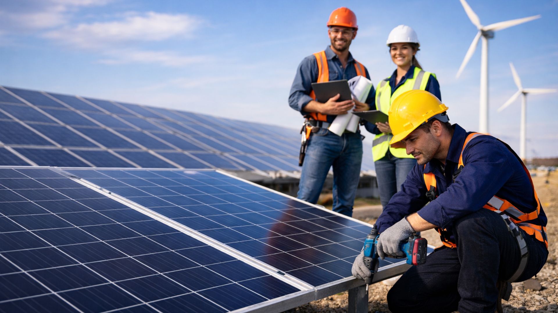 Profissionais de energia limpa trabalham na instalação de painéis solares em usina fotovoltaica, com engenheiros e turbinas eólicas ao fundo, representando a transição energética no Brasil.