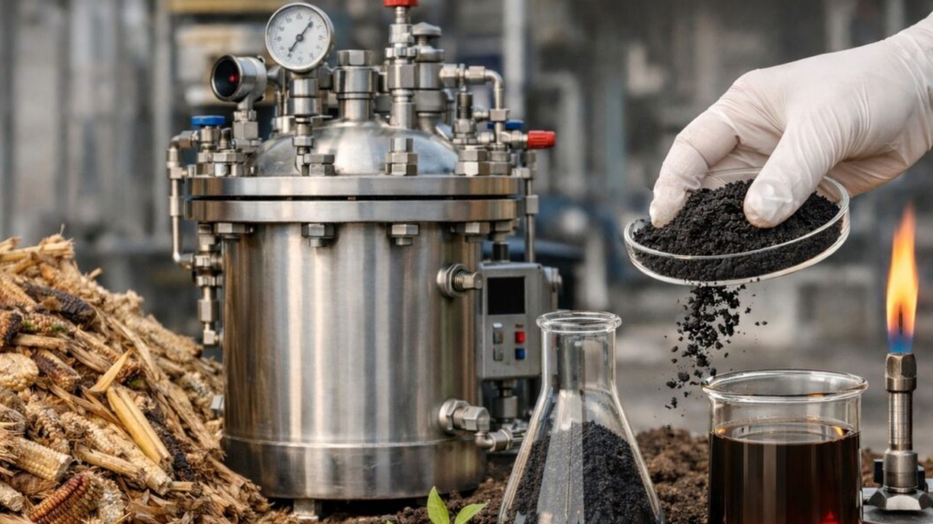 Reator experimental utilizado em pesquisa da UFG para transformar resíduos agroindustriais em energia limpa, bioinsumos e fertilizantes sustentáveis