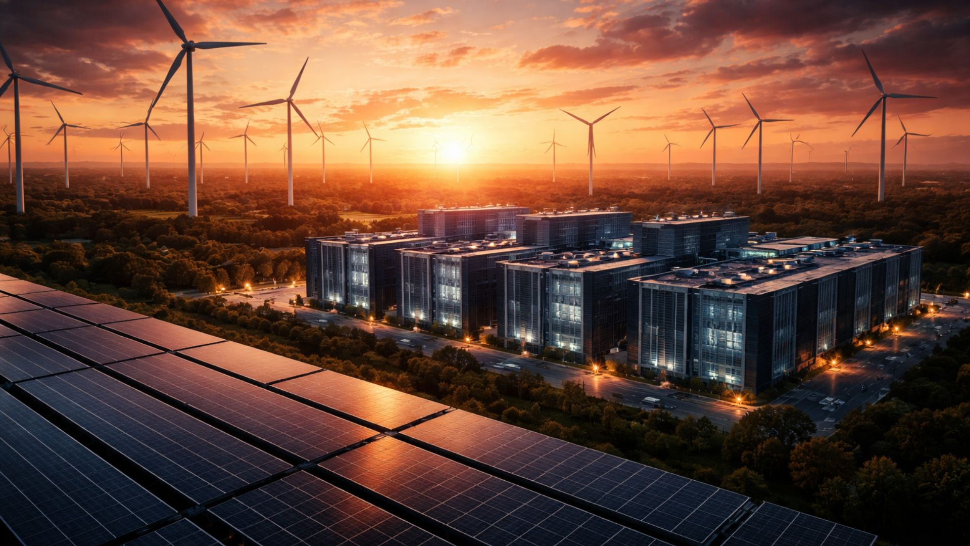 Complexo de data centers abastecido por energia renovável, com painéis solares em primeiro plano e turbinas eólicas ao fundo, representando investimentos sustentáveis no setor energético brasileiro.