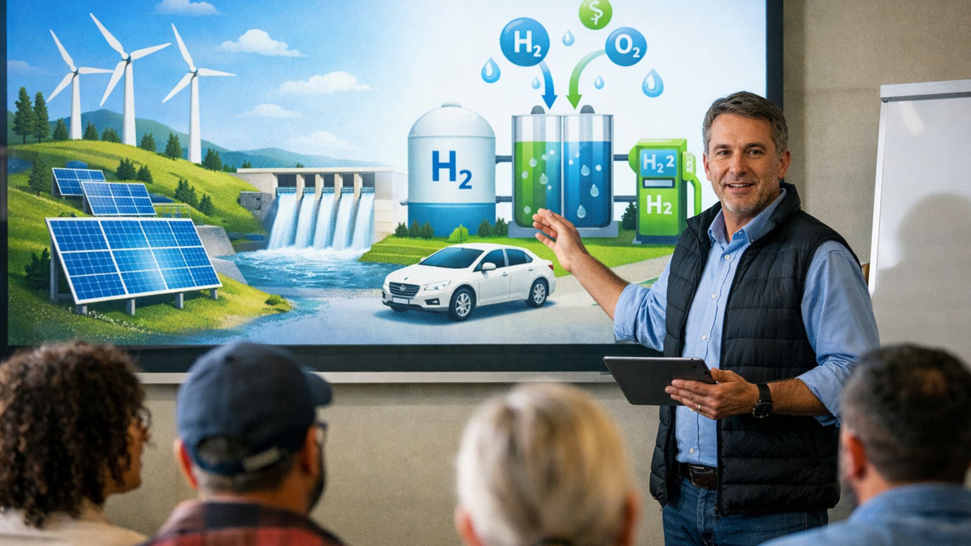 Professor ministra aula sobre energia renovável e hidrogênio verde com projeção de usinas solares, eólicas e sistema de hidrogênio em sala de aula