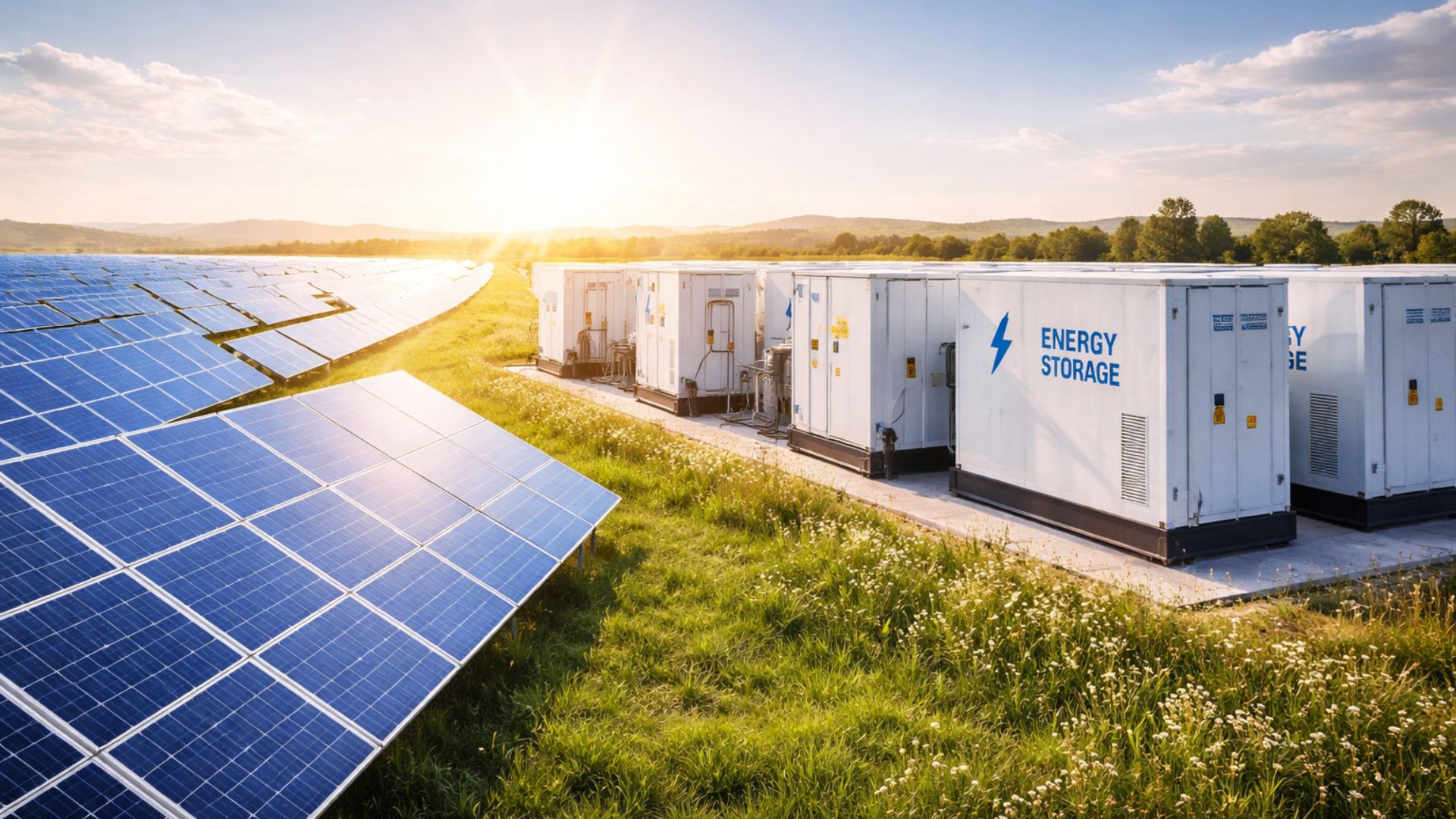 Campo de painéis solares integrados a sistemas de armazenamento de energia em baterias, representando projeto de energia renovável de grande escala voltado ao fornecimento estável para data centers e infraestrutura digital