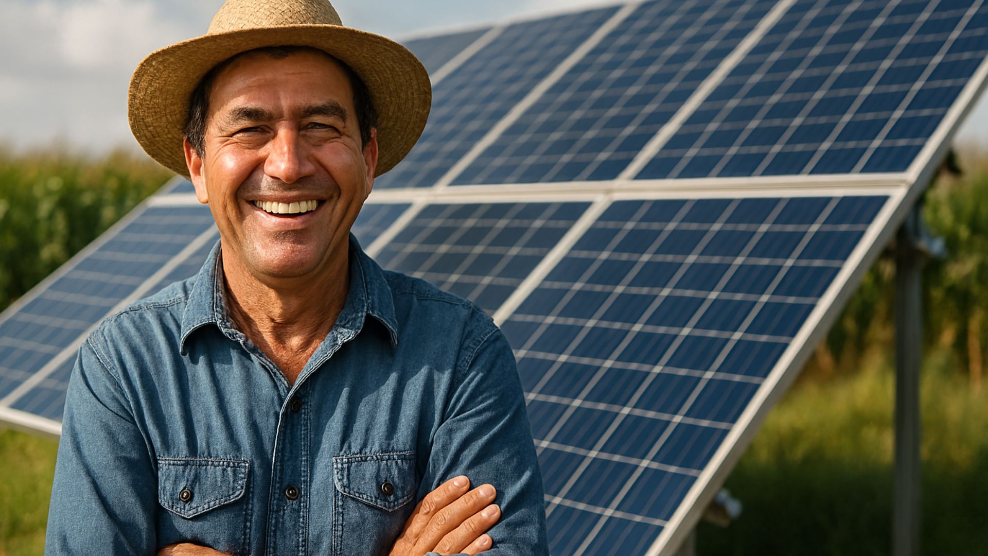 Produtor rural sorrindo em frente a painéis solares instalados em área rural, representando o uso de energia solar para reduzir custos e apoiar a recuperação produtiva no Rio Doce
