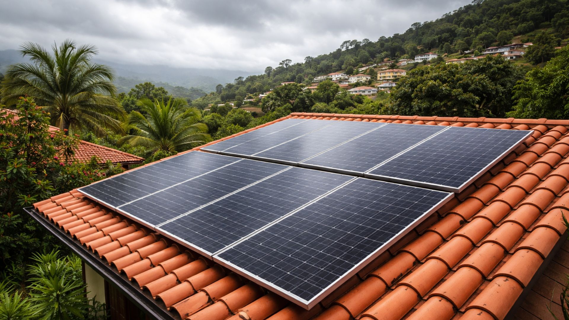 Painéis solares instalados em telhado residencial no Brasil durante dia nublado, mostrando geração de energia fotovoltaica mesmo com baixa irradiação solar