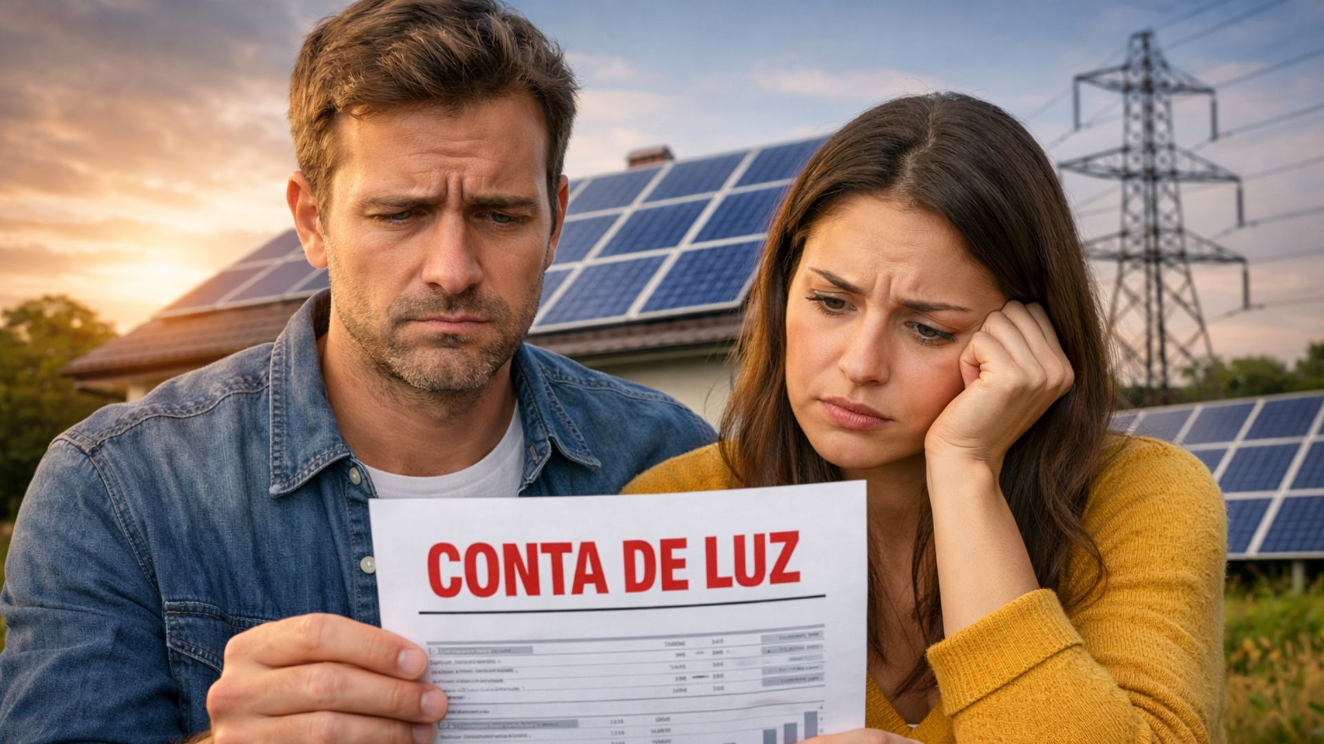 Casal preocupado analisa conta de luz alta em frente a casa com painéis solares, ilustrando os desafios da energia solar no Brasil e o impacto das tarifas de energia.