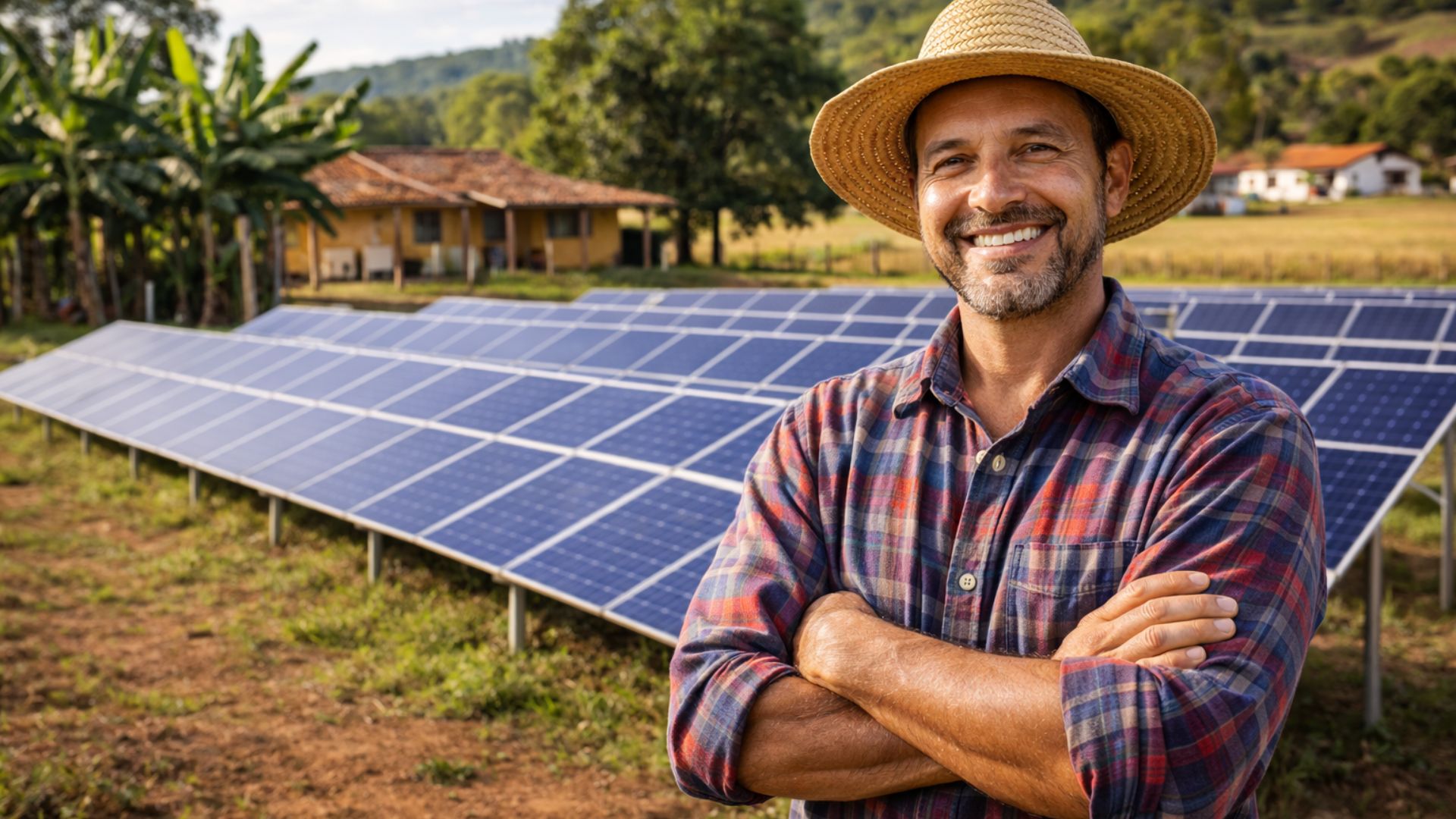 Agricultor brasileiro sorri em frente a painéis de energia solar instalados em propriedade rural, representando o avanço da geração distribuída no agronegócio.