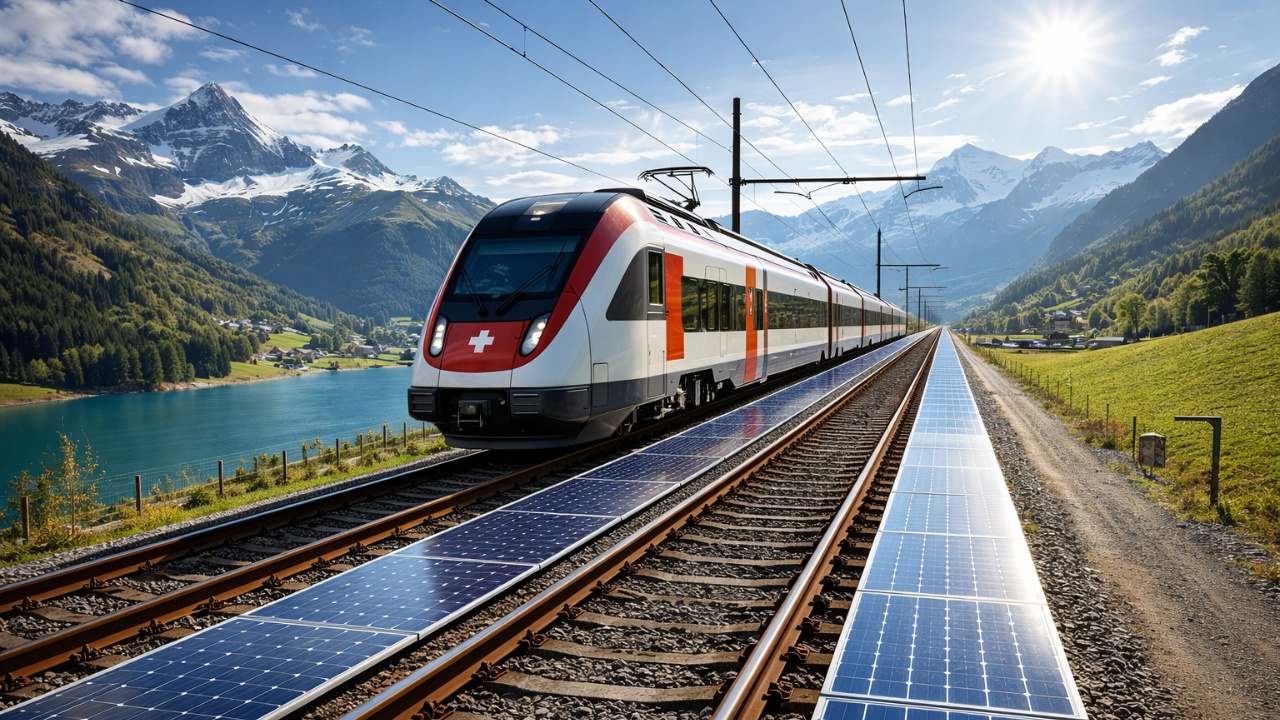 Projeto inovador na Suíça testa energia solar entre trilhos de trem, combina eficiência, manutenção inteligente e pode redefinir o uso de infraestruturas ferroviárias no mundo.