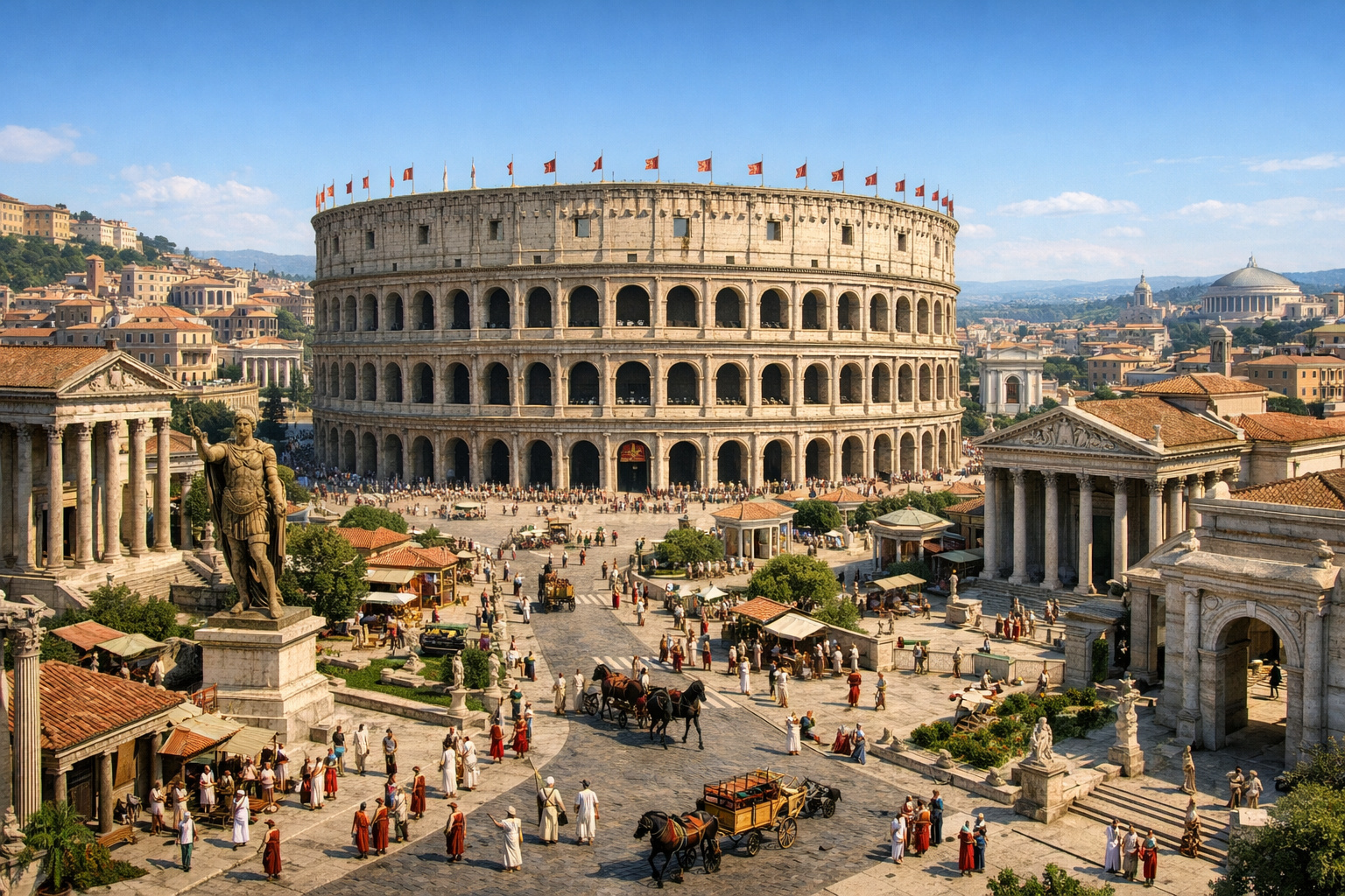 Ilustração da engenharia romana construindo pontes de pedra com arcos durante o Império Romano