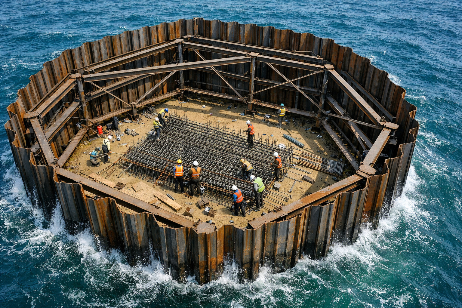 Engenheiros construindo estrutura subaquática com ensecadeira, estacas-pranchas e contraventamento para pilar de ponte.