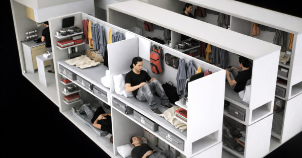 Ilustração realista mostra apartamentos-caixão em Hong Kong, com moradores vivendo em compartimentos minúsculos empilhados, sem janelas e com espaço extremamente limitado.