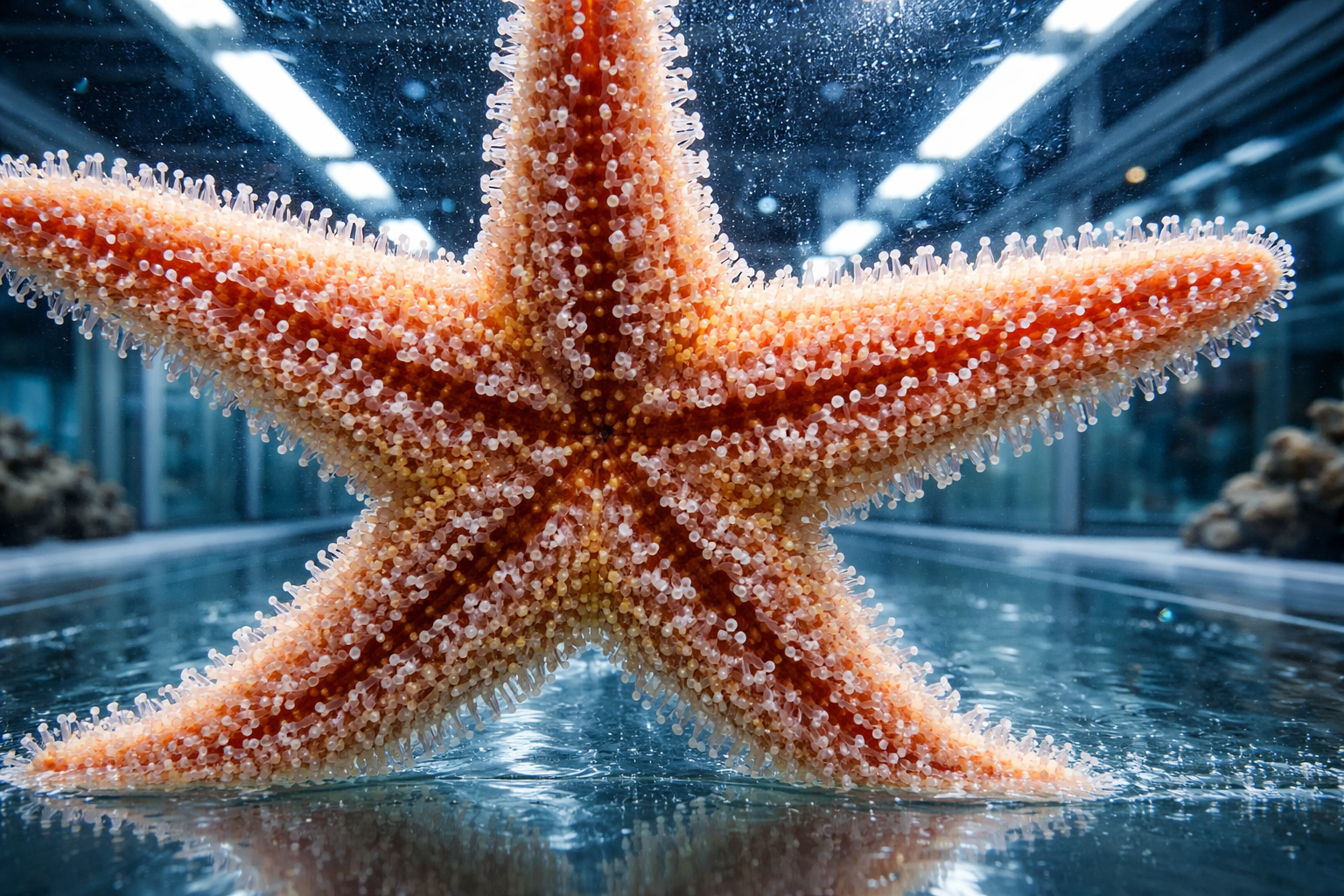 Estrela-do-mar se locomovendo com pés hidráulicos em superfície submersa.