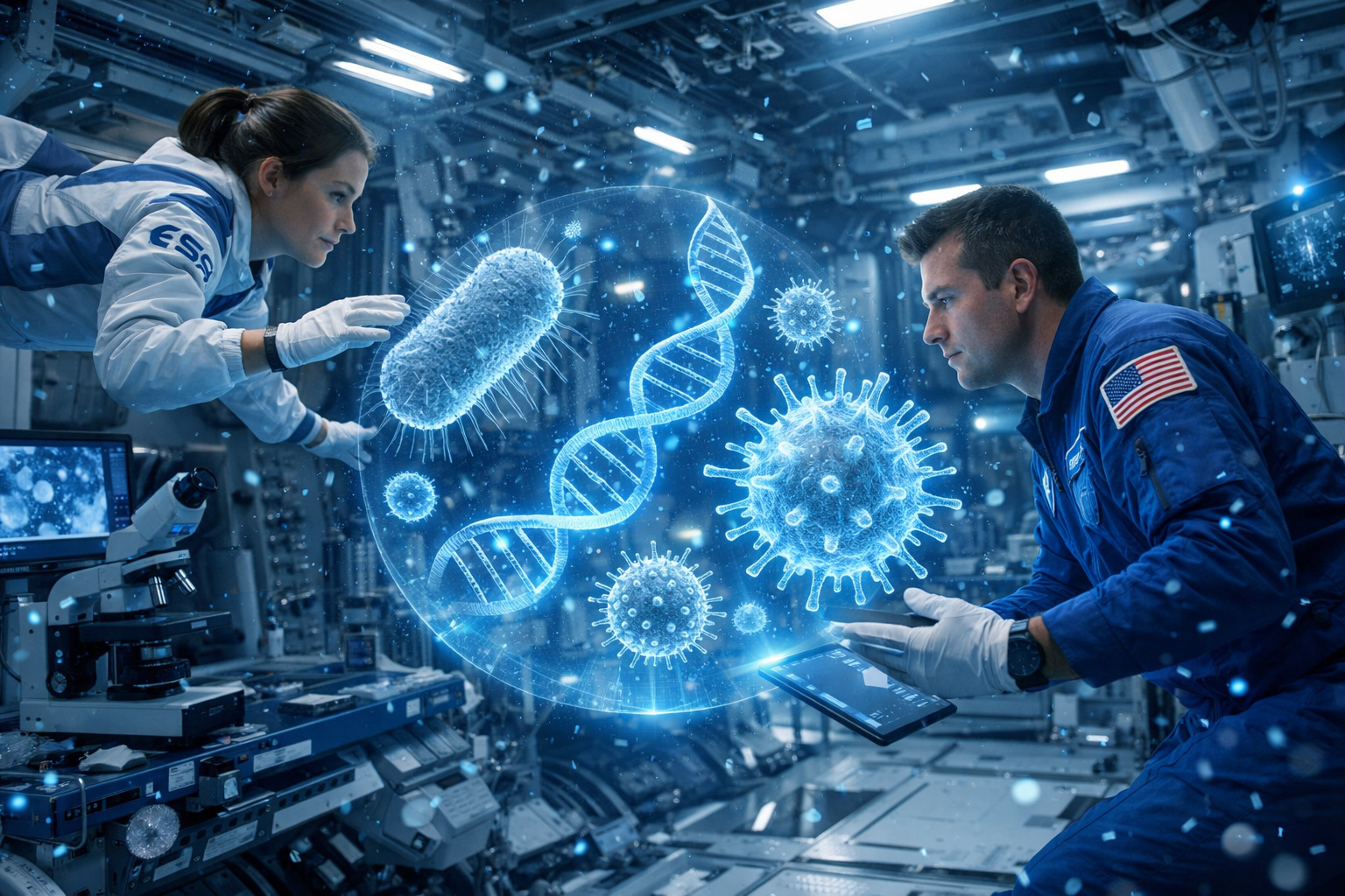 Cientistas realizam experimento com bactérias e vírus na Estação Espacial Internacional em ambiente de microgravidade.