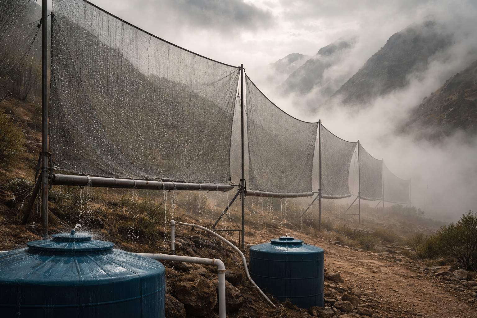 Marrocos, Guatemala, Chile e Peru já captam cerca de 51.300 litros de água por dia diretamente da neblina com redes gigantes que funcionam sem eletricidade, abastecendo comunidades inteiras onde chuva é escassa