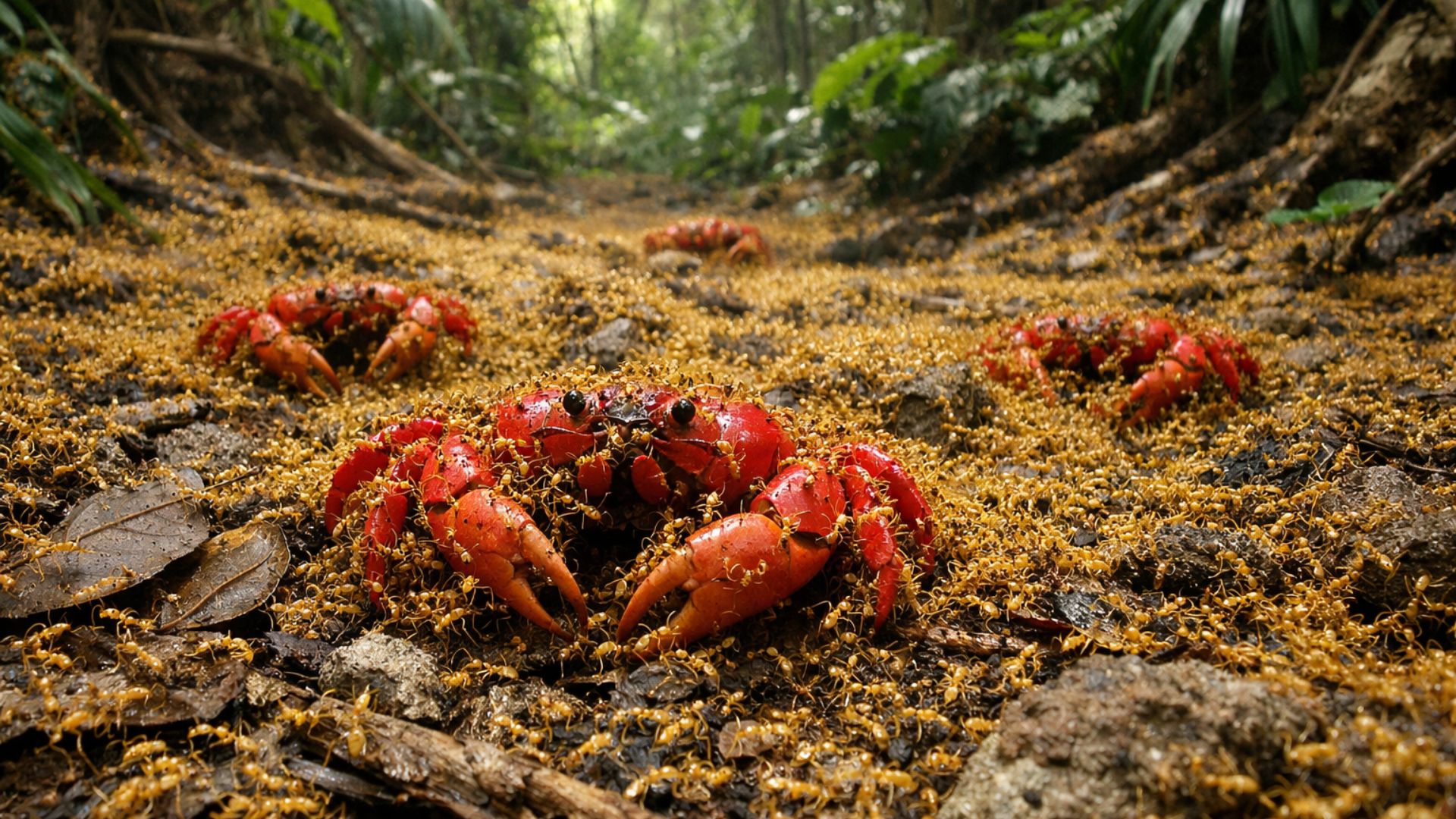 Formigas loucas amarelas atacam caranguejos vermelhos na Ilha Christmas, provocando colapso ambiental.