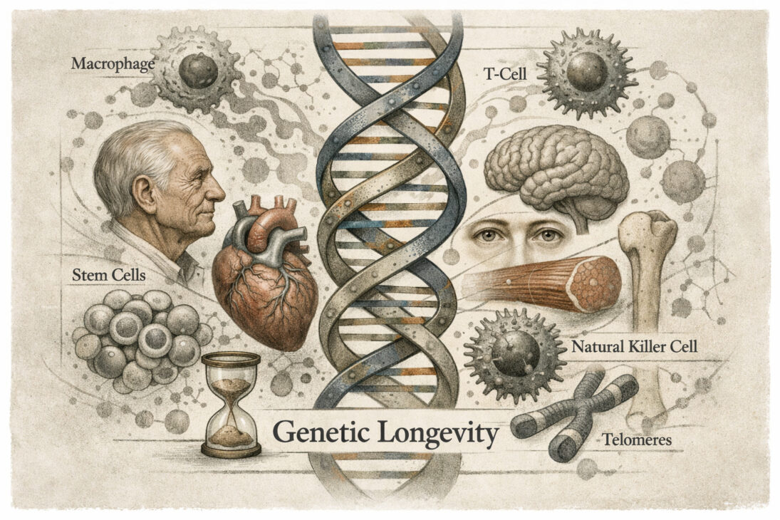 ilustración genética sobre longevidad y envejecimiento saludable