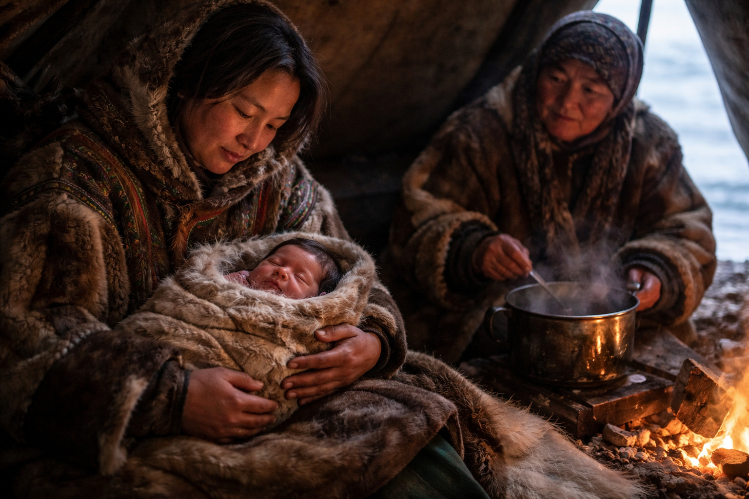 Mulher nômade grávida na tundra do Ártico realizando tarefas diárias em meio à neve, com tenda tradicional e renas ao fundo.