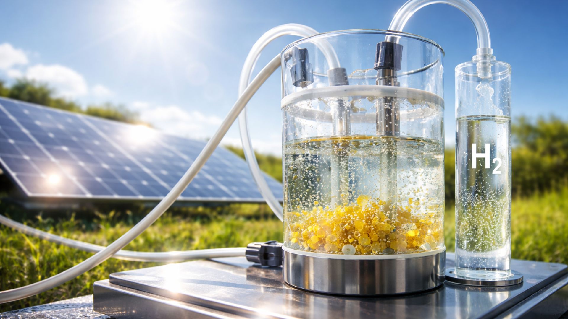 Produção experimental de hidrogênio por eletrólise da água usando luz solar, com reator transparente em pequena escala e painel solar ao fundo