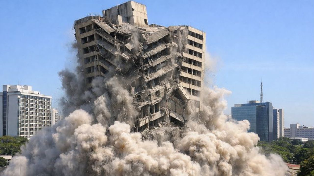 Com 165 kg de explosivos, a implosão do hotel Torre Palace em Brasília marca o fim de um ícone abandonado após anos de disputa judicial.