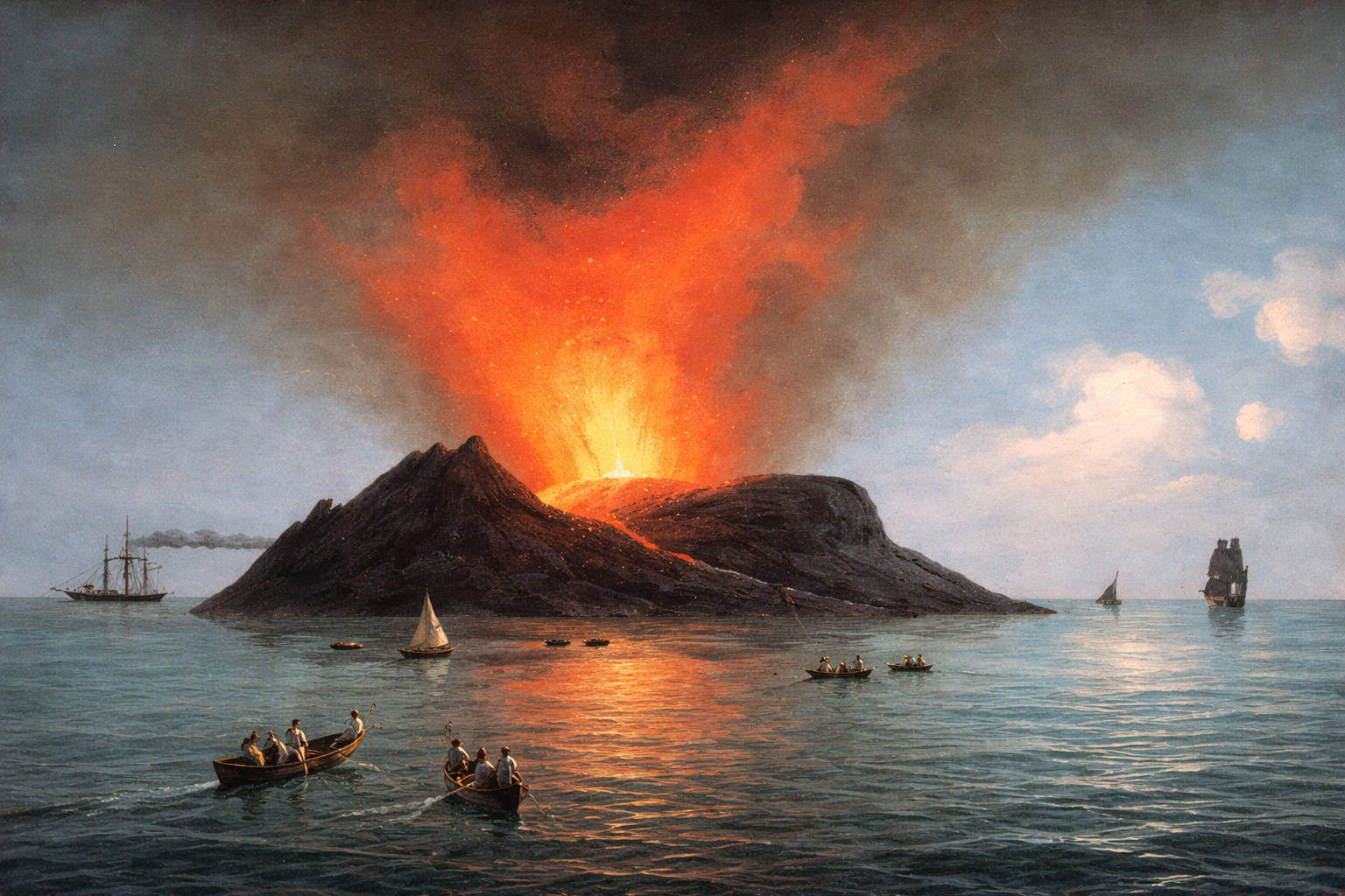 Ilha vulcânica emergindo no Mar Mediterrâneo durante erupção submarina, com lava, fumaça e embarcações históricas ao redor.
