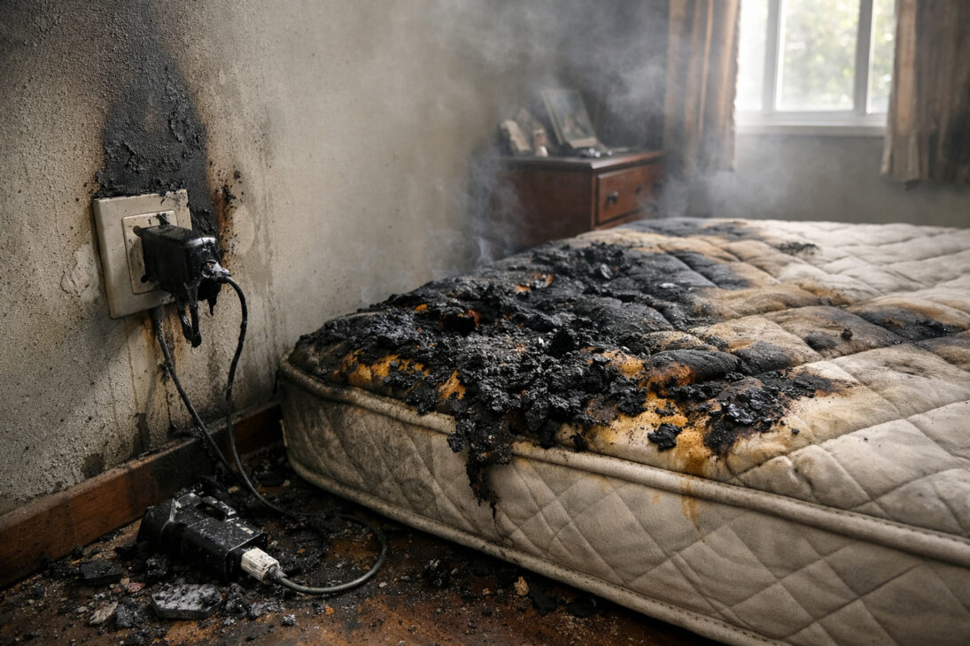 Colchón chamuscado y cargador de celular derretido tras un principio de incendio en un cuarto residencial.
