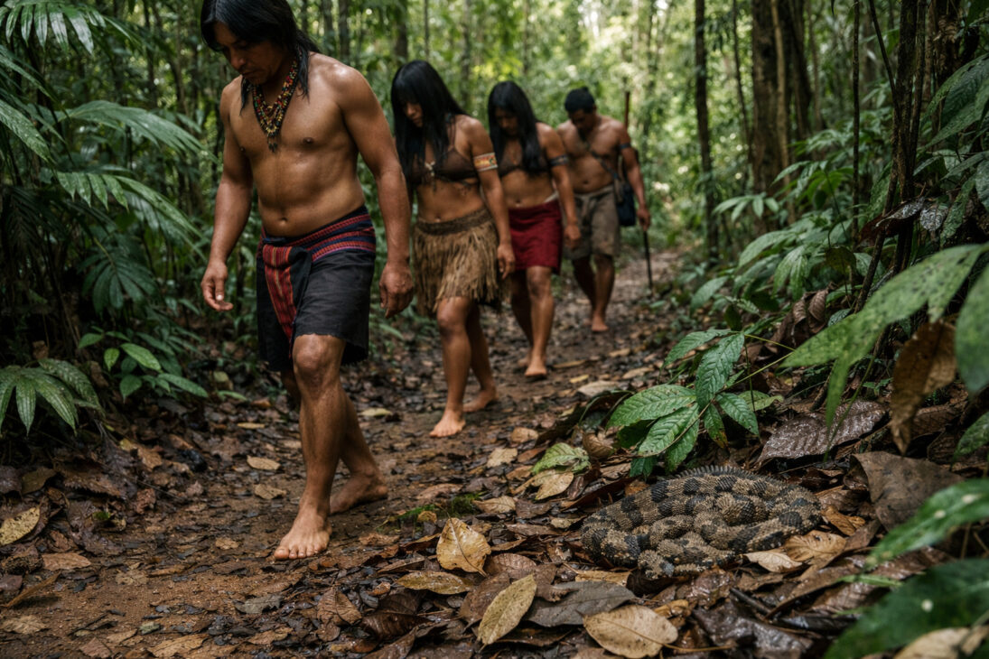 Indígenas amazónicos caminando descalzos en la selva, atentos al suelo para evitar serpientes venenosas