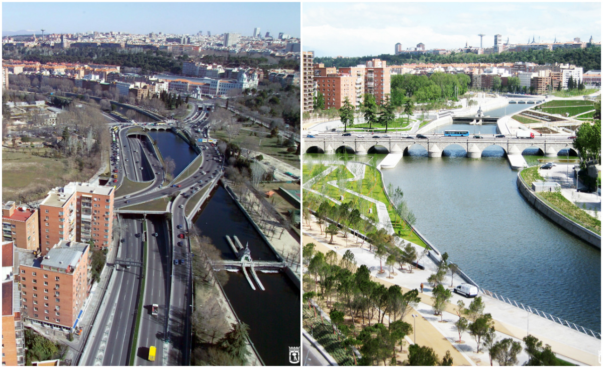 Madri enterrou 43 km de vias expressas, reduziu drasticamente o fluxo de carros à beira-rio, reabriu o Manzanares, plantou mais de 35 mil árvores e transformou uma zona cinza em parque urbano, mobilidade limpa e referência europeia em renascimento ambiental