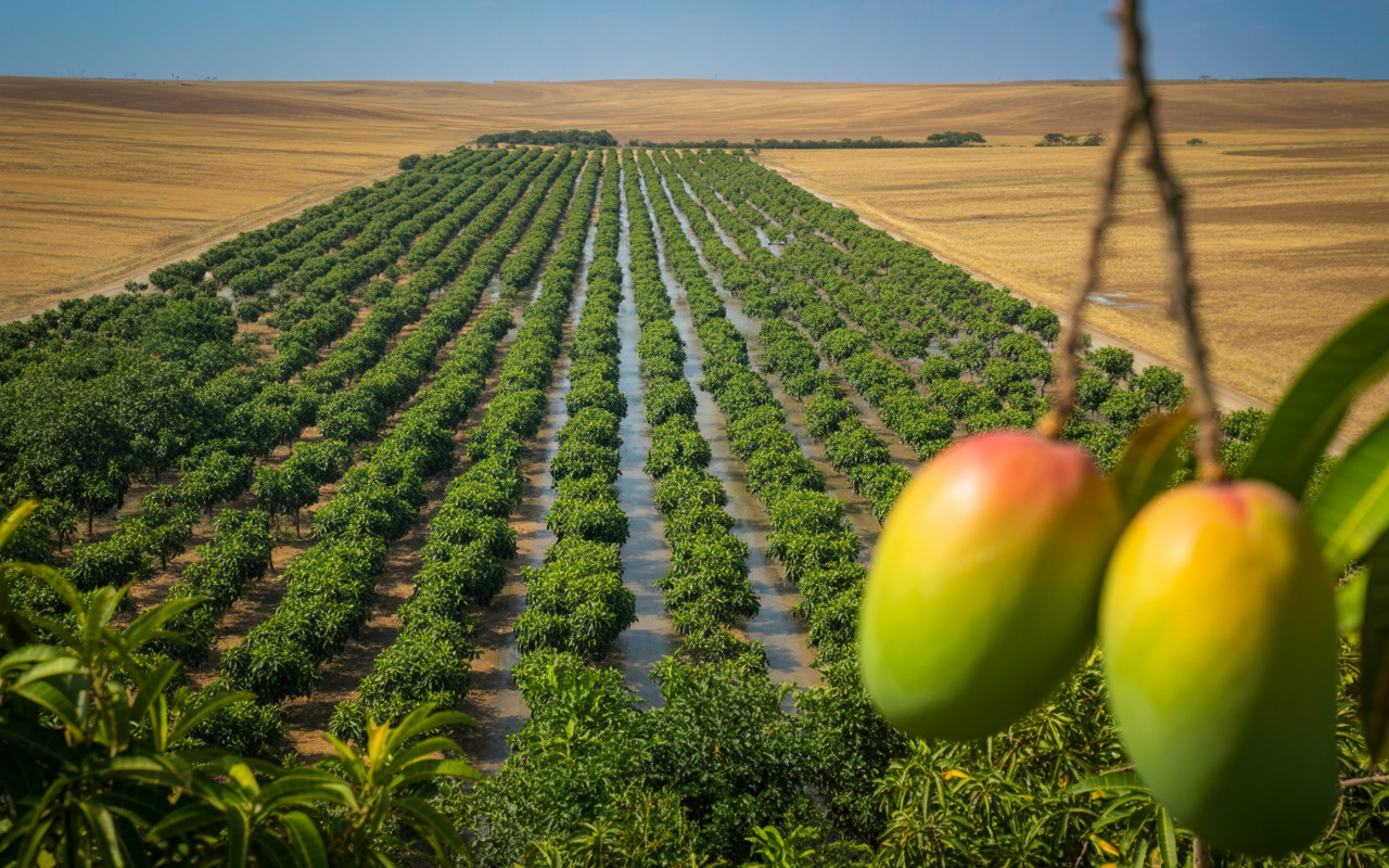 No semiárido brasileiro, uma área irrigada responde por cerca de 90% das mangas exportadas pelo país, colhe mais de 1 milhão de toneladas por ano e abastece Europa, Estados Unidos e Oriente Médio a partir do sertão