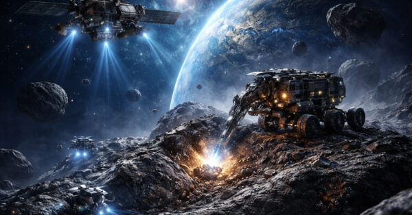 Operação de mineração em asteroide com robôs autônomos e nave espacial em órbita, ilustrando a extração de recursos minerais no espaço profundo.