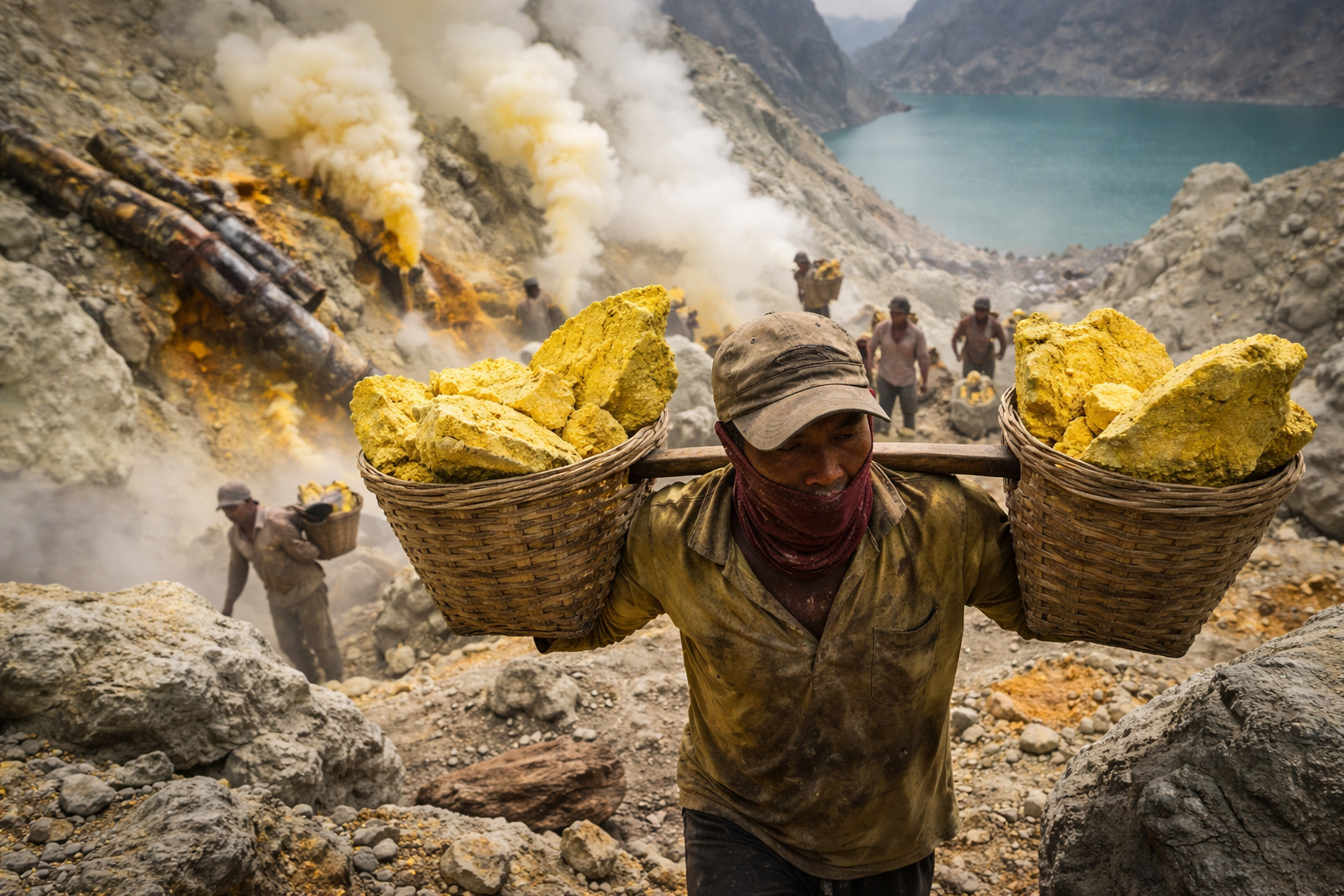 Minerador carrega cestos de enxofre bruto na cratera do vulcão Ijen, na Indonésia, cercado por gases tóxicos e terreno íngreme.