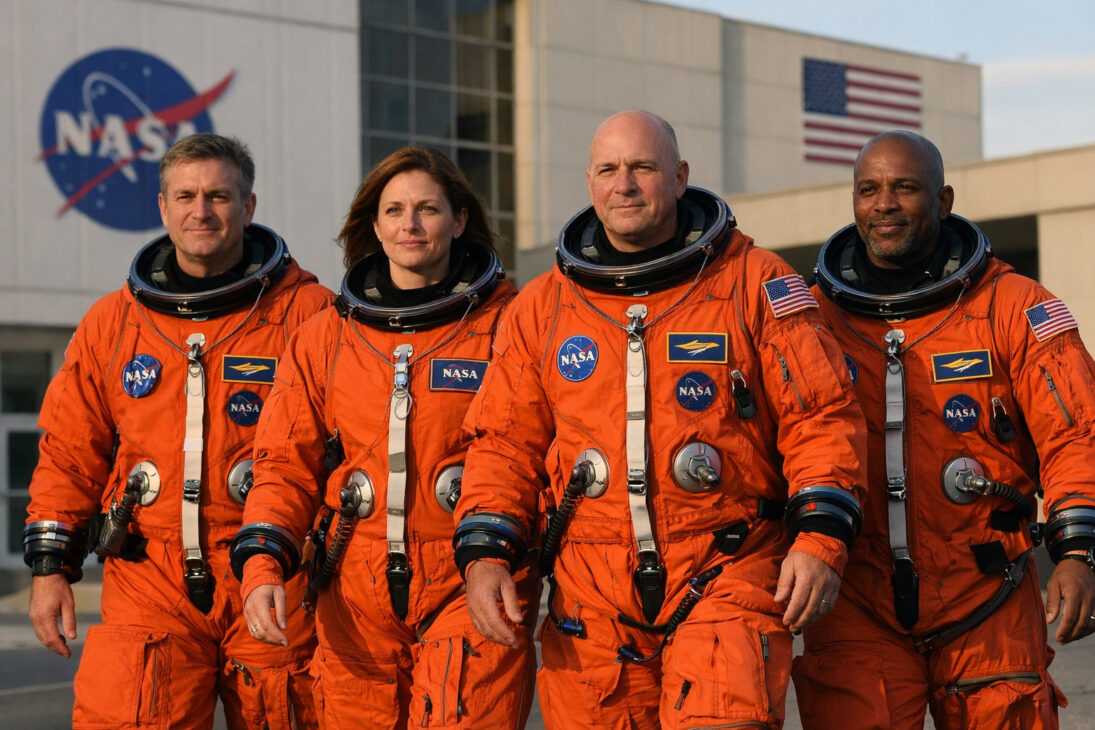 Astronautas de la misión Artemis II de la Nasa posan antes del lanzamiento del cohete SLS rumbo a la Luna