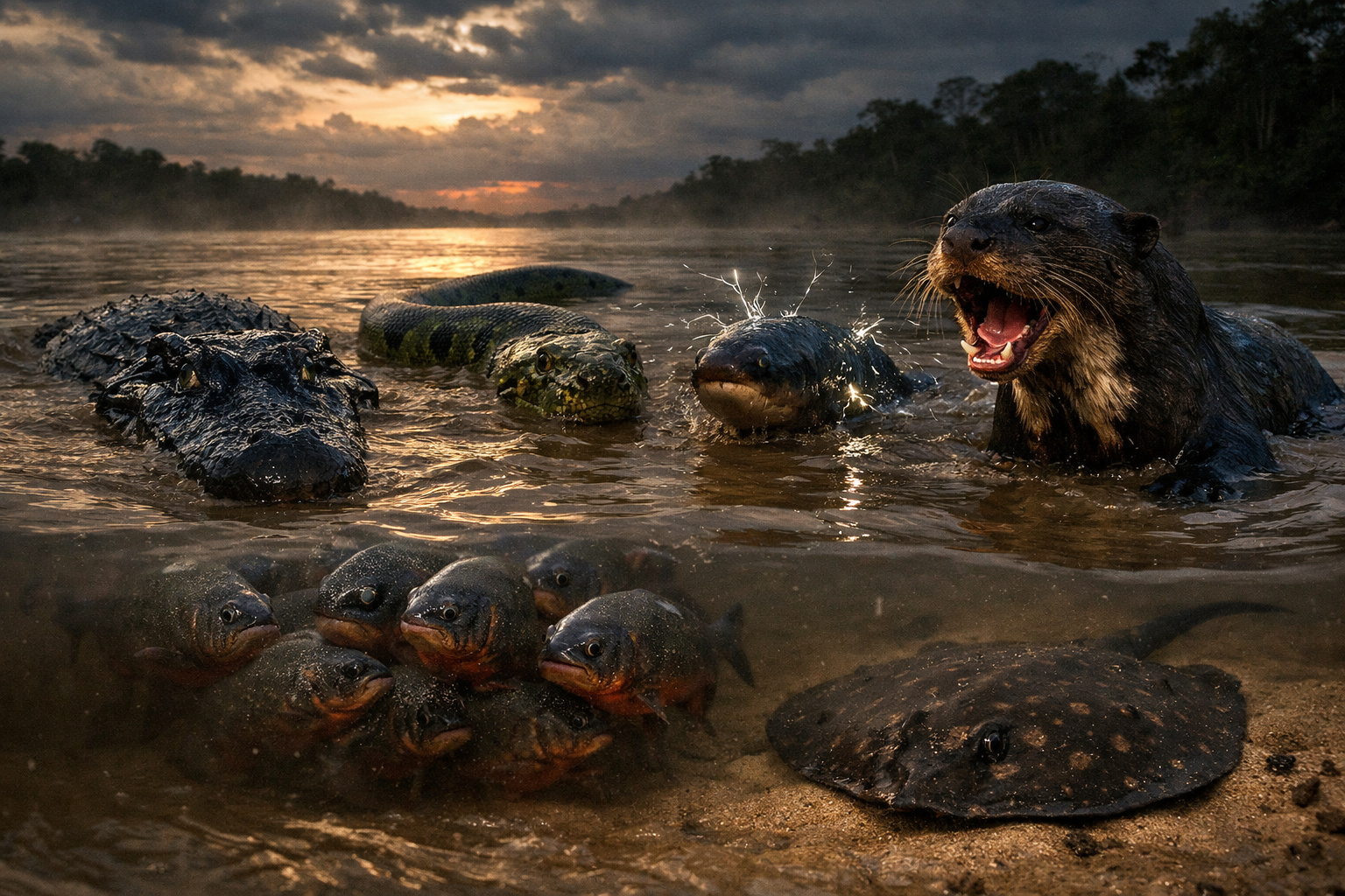 Predadores mortais do rio Amazonas reunidos em ambiente aquático sombrio e realista.