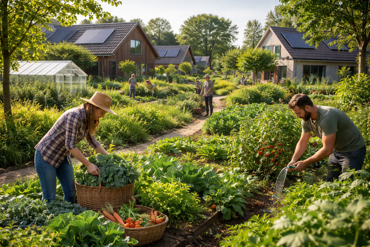Moradores cultivam hortas residenciais em bairro sustentável da Holanda, com casas integradas à produção de alimentos e agricultura urbana.