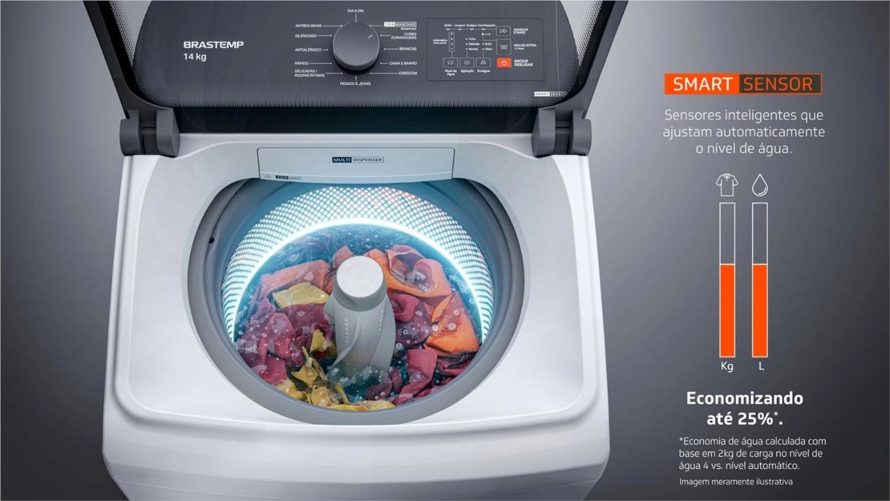 Conheça a nova máquina da Brastemp que pesa automaticamente as roupas, ajusta o consumo de água e ainda reduz ciclos de lavagem para otimizar tempo e recursos.